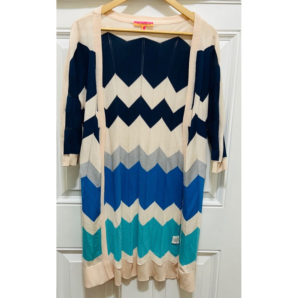 Vilagallo Zig Zag Chevron Long Cardigan Sweater Cream Navy‎ Blue Teal Size S